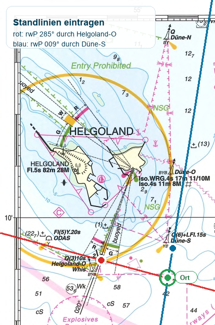 SBF See Navigationsaufgabe mit eingezeichneten Standlinien und Karten-Overlay